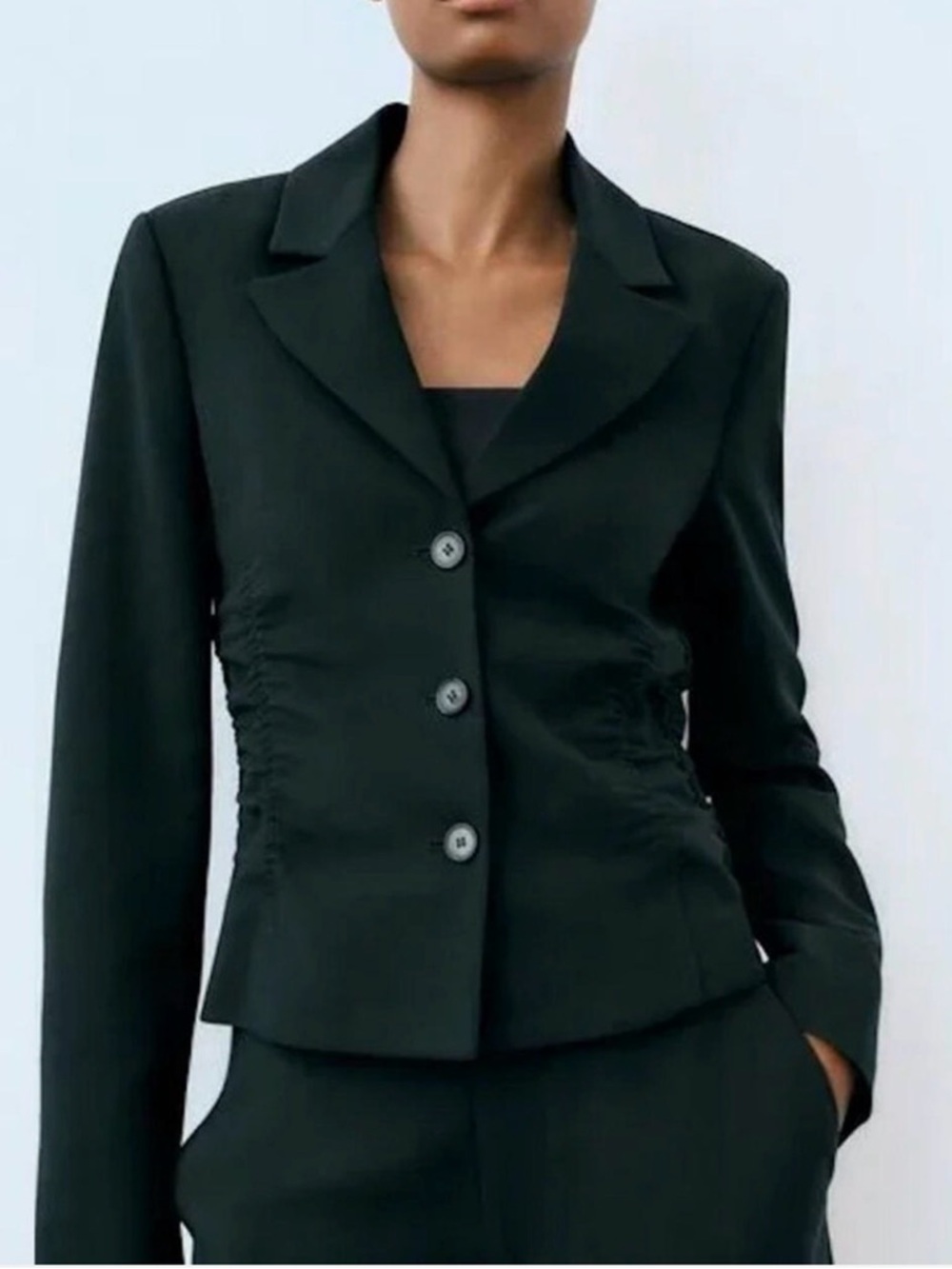 ZARA Ruched Crepe Tailored Blazer in Bottle Green - SZ XS
